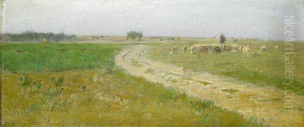 Landscape With Shepherd And Sheep Oil Painting by Eugen Jettel