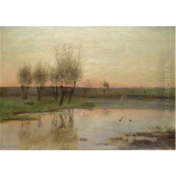 Stehendes Gewasser Mit Weiden-the Watermeadow Oil Painting by Eugen Jettel