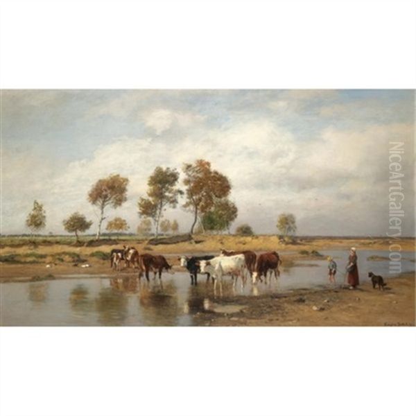 Kuhe An Der Tranke (cows At The Watering Place) Oil Painting by Eugen Jettel