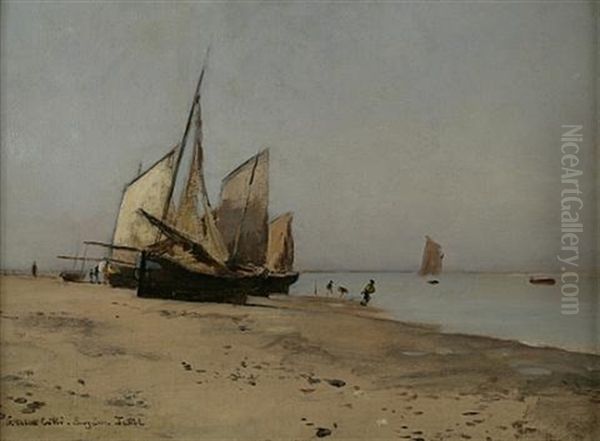 Ships On A Beach Oil Painting by Eugen Jettel