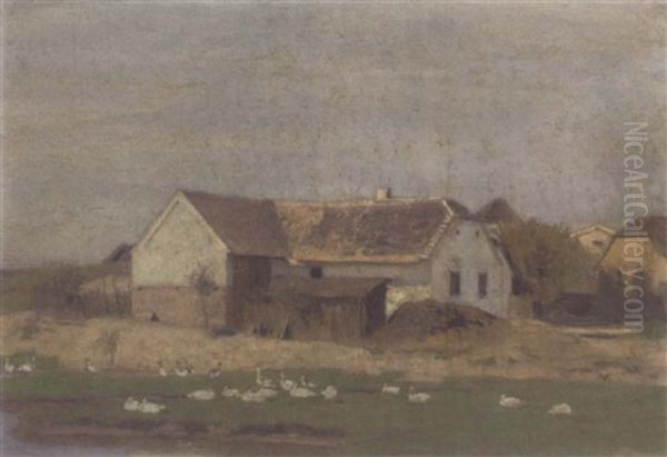 Geese Before A Farmstead Oil Painting by Eugen Jettel