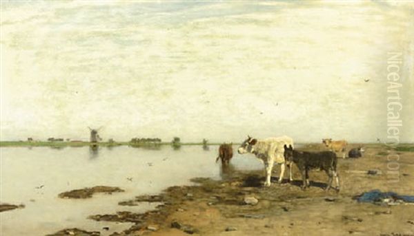 Summer: Cows And A Donkey On A River Bank Oil Painting by Eugen Jettel