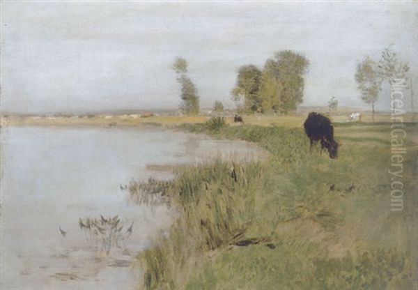 Uferlandschaft Mit Kuhen Oil Painting by Eugen Jettel