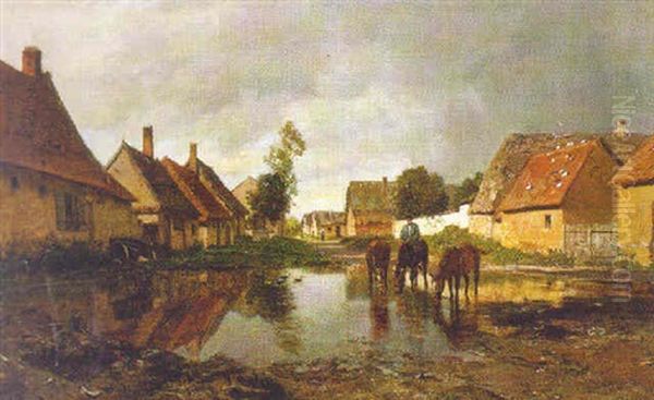 Horses Watering In A Country Village Oil Painting by Eugen Jettel