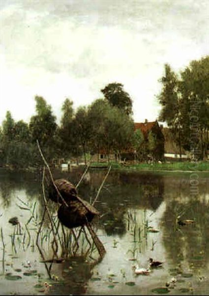 River Landscape With Weavers Nests And A Farmhouse On The Bank Oil Painting by Eugen Jettel