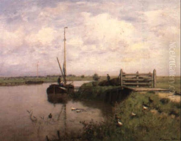 Fishing Boat Along A Canal Oil Painting by Eugen Jettel