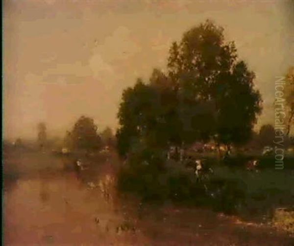 Flusslandschaft Mit Ruhender Herde Oil Painting by Eugen Jettel