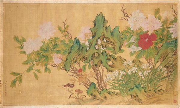 Peonies, Daffodils And Lingzhi Mushrooms Oil Painting by  Jiang Tingxi