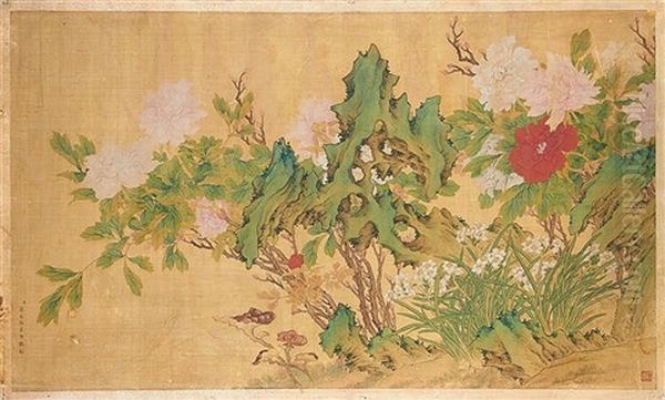 Peonies, Daffodils And Lingzhi Mushrooms Oil Painting by  Jiang Tingxi