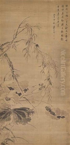 Cicada, Lotus And Willow Oil Painting by  Jiang Tingxi