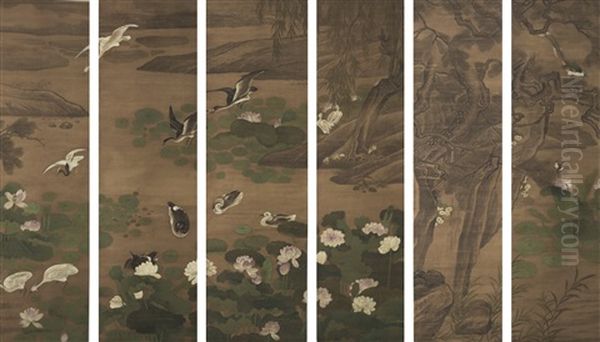 Water Birds By The Lotus Pond Oil Painting by  Jiang Tingxi