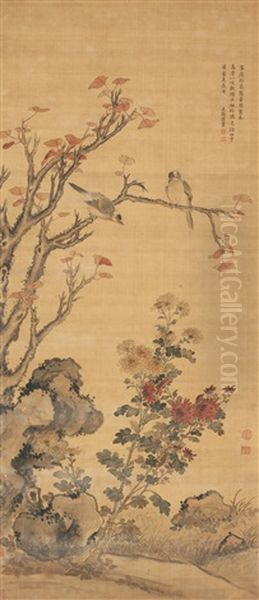 Birds On A Maple Tree Oil Painting by  Jiang Tingxi