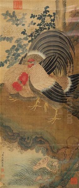 Cocks Oil Painting by  Jiang Tingxi