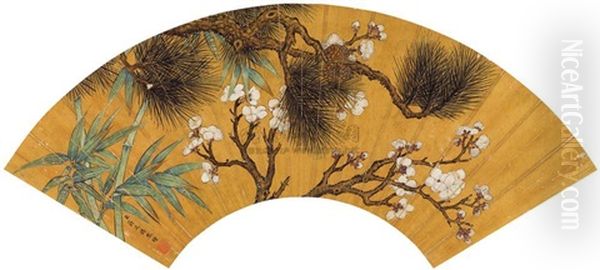 Pine Trees, Bamboo And Chrysanthemun Oil Painting by  Jiang Tingxi