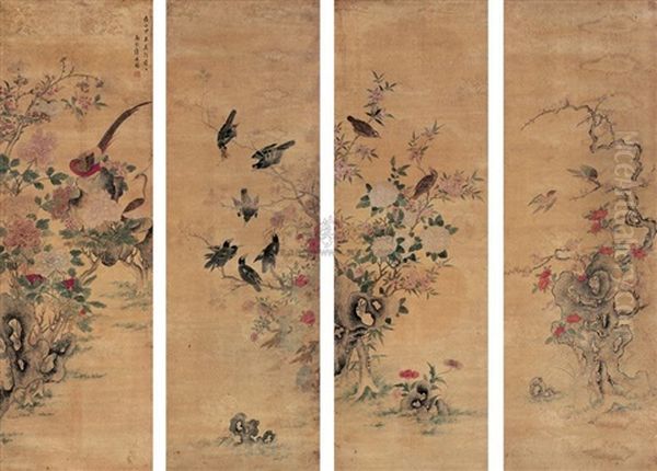 Flower And Bird (4 Works) Oil Painting by  Jiang Tingxi