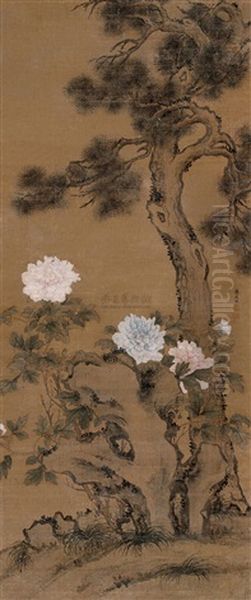 Pine Tree And Peony Oil Painting by  Jiang Tingxi