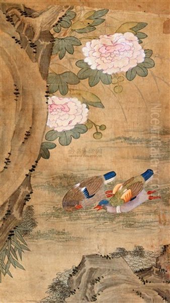 Lotus And Mandarin Duck Oil Painting by  Jiang Tingxi