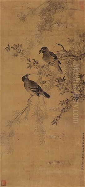 Peach Blossoms And Mynah Bird Oil Painting by  Jiang Tingxi