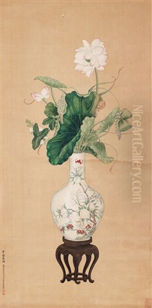 A Hanging Scroll Of Lotus Flowers In A Vase Oil Painting by  Jiao Bingzhen