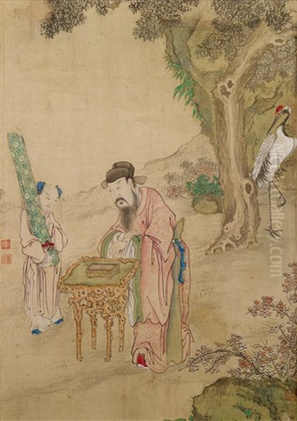 Lin Hejing Attended By A Boy And A Crane Oil Painting by  Jiao Bingzhen