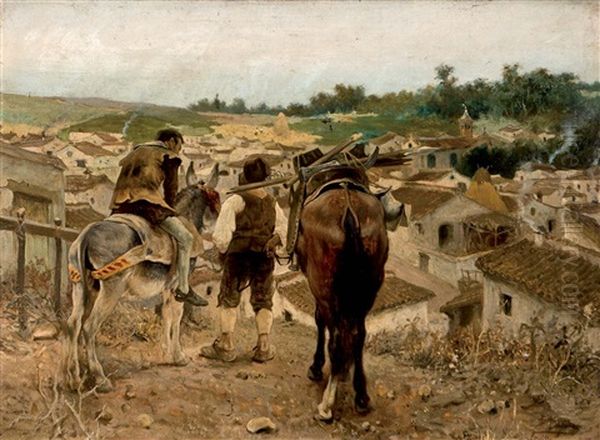 Campesinos Dirigiendose Al Pueblo Oil Painting by Jose Jimenez y Aranda