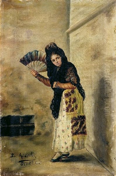 Maja Con Mantilla Y Abanico Oil Painting by Jose Jimenez y Aranda