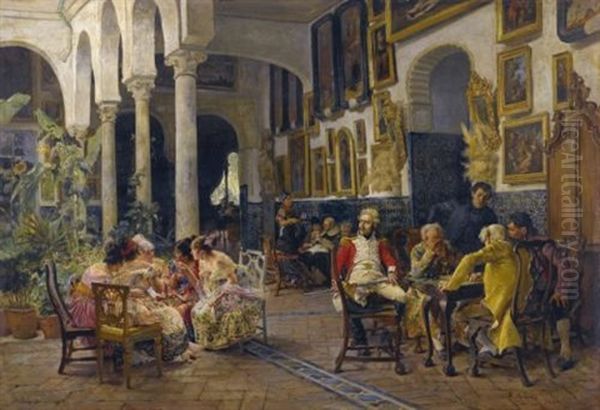 Conversation In A Sevillian Courtyard Oil Painting by Jose Jimenez y Aranda