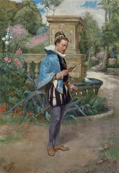 Personaje Renacentista Leyendo Una Carta En Un Jardin Oil Painting by Jose Jimenez y Aranda