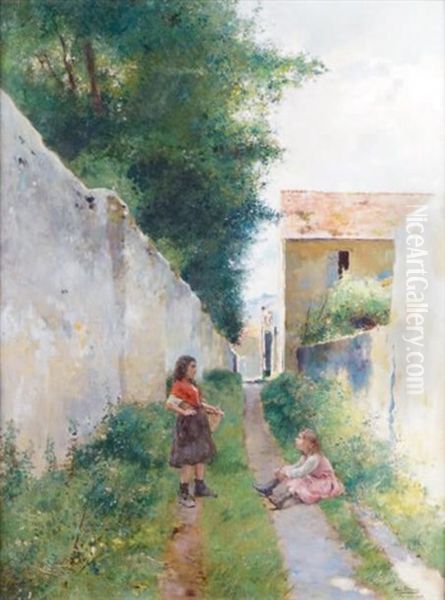 Pontoise, Fillettes Conversant Sur Le Chemin Oil Painting by Luis Jimenez Y Aranda