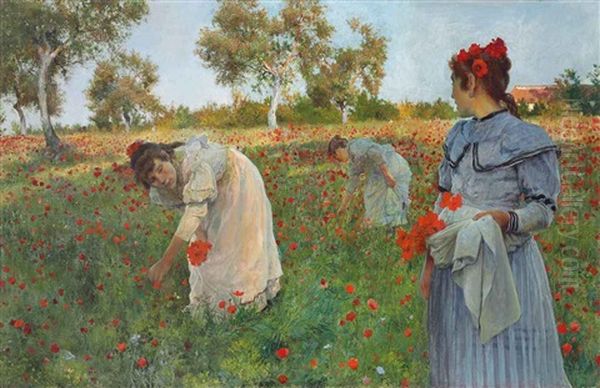 In The Poppy Field Oil Painting by Luis Jimenez Y Aranda