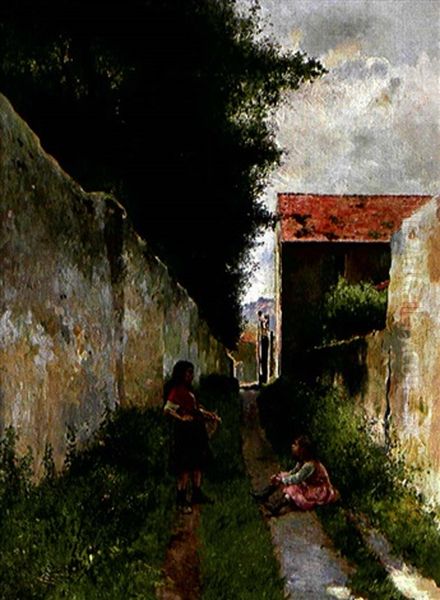 Deux Fillettes Dans Un Allee A Pontoise Oil Painting by Luis Jimenez Y Aranda