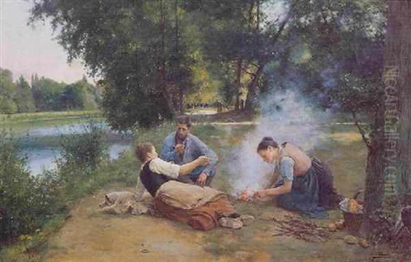 Figures Picnicking On A Sunlit Path Beside A River Oil Painting by Luis Jimenez Y Aranda