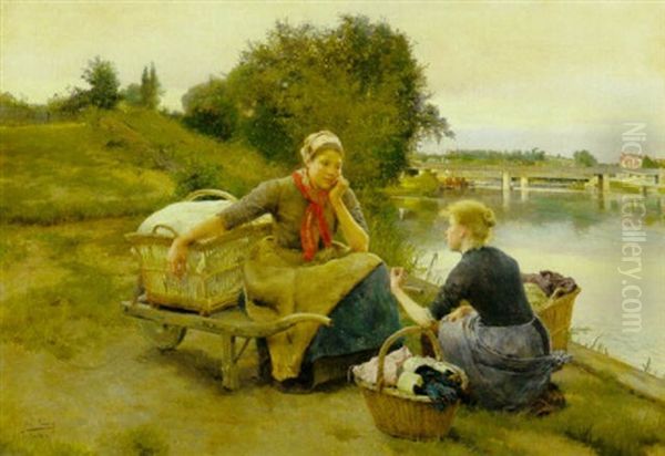 Washerwomen On A Riverbank Oil Painting by Luis Jimenez Y Aranda