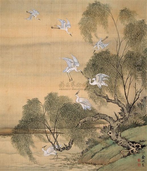 Flying Egrets And Willow Oil Painting by  Jin Cheng