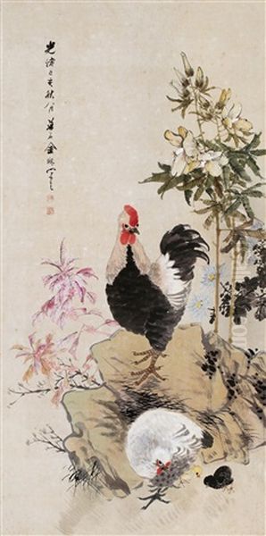 Chickens Flowers And Rock by  Jin Mengshi