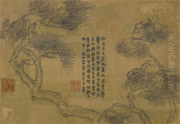 Pine Tree And Poem In Qi Script Oil Painting by  Jin Nong