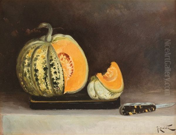 Still Life With Knife And Pumpkin Oil Painting by Constantin Jiquidi