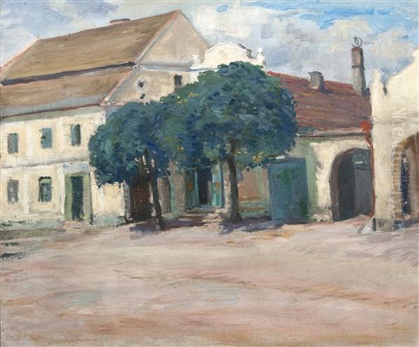 Old Houses In Labsky Tynec Oil Painting by Milos Jiranek