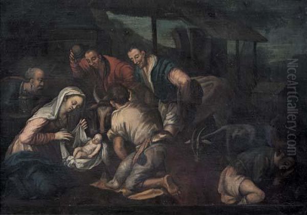 Nativita Con Visita Dei Pastori Oil Painting by Jacopo Bassano (Jacopo da Ponte)