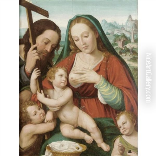 The Holy Family With The Infant Saint John The Baptist And An Angel Oil Painting by Joan De Joanes