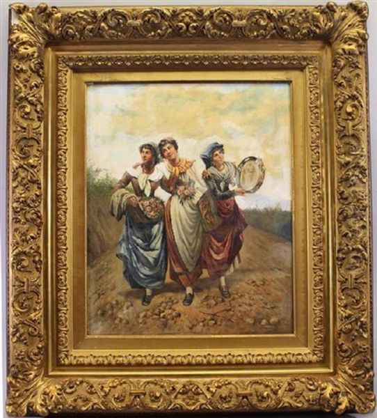 Three Neapolitan Girls Oil Painting by Etienne Albert Eugene Joannon-Navier