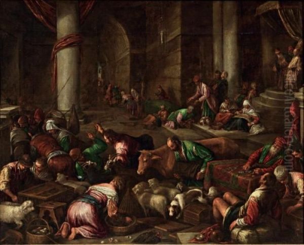 Ges Caccia I Mercanti Dal Tempio Oil Painting by Jacopo Bassano (Jacopo da Ponte)