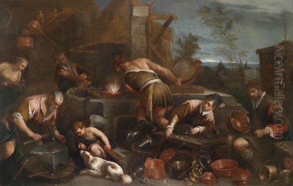 The Forge Of Vulcan Oil Painting by Jacopo Bassano (Jacopo da Ponte)