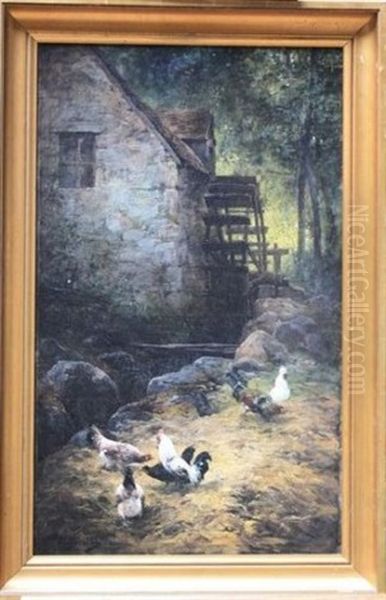 Cour De Moulin Avec Poules Oil Painting by Hippolyte Henri Jobard