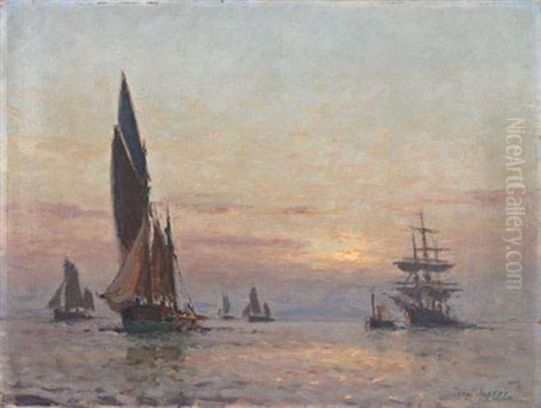 Rentree De Barque De Peche Au Soleil Couchant Oil Painting by Paul Jobert