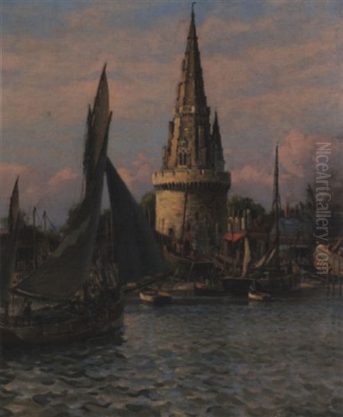 Harbor Scene At La Rochelle, France Oil Painting by Paul Jobert