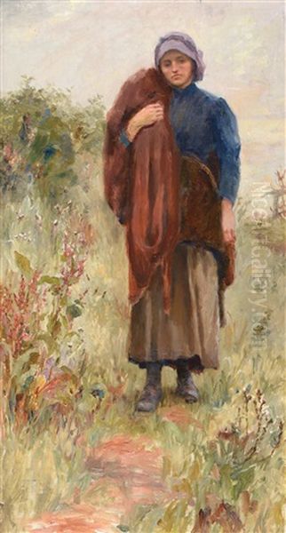 Fisher Girl Standing On Headland Oil Painting by Isa Jobling