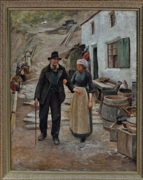 A View At Staithes Village, Yorkshire With A Fisherwoman Guiding An Elderly Man Oil Painting by Isa Jobling