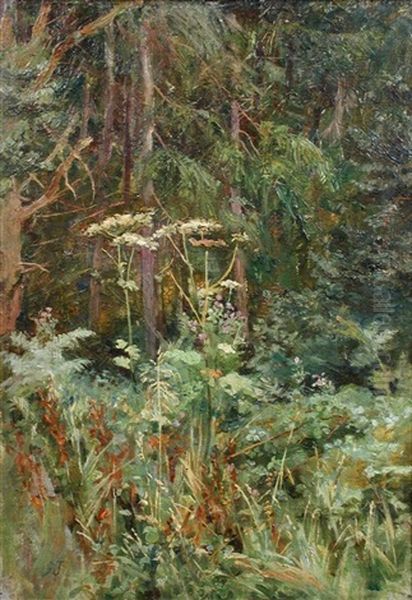 Woodland Scene With Cow Parsley Oil Painting by Isa Jobling