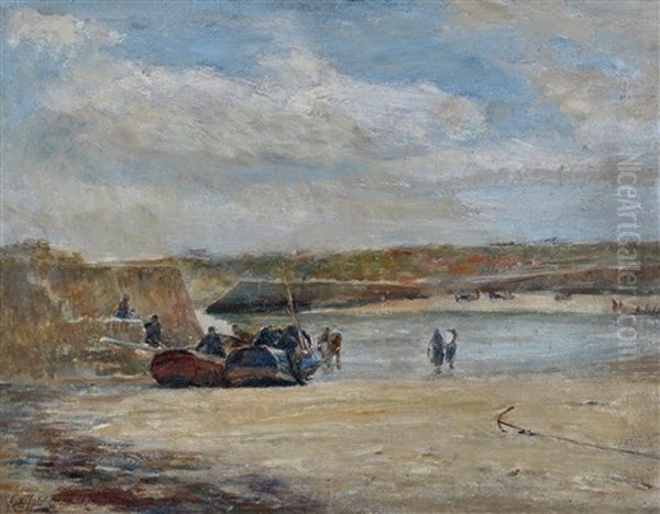 Cobles And Fisherfolk On The Beach At Cullercoats by Robert Jobling